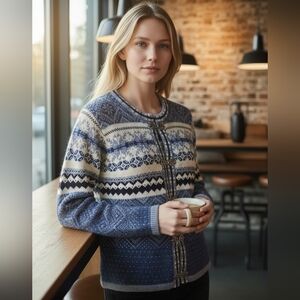 Vintage Skyr Wool‎ Nordic Cardigan Fair Isle Decrotive Clasps Sweater Medium